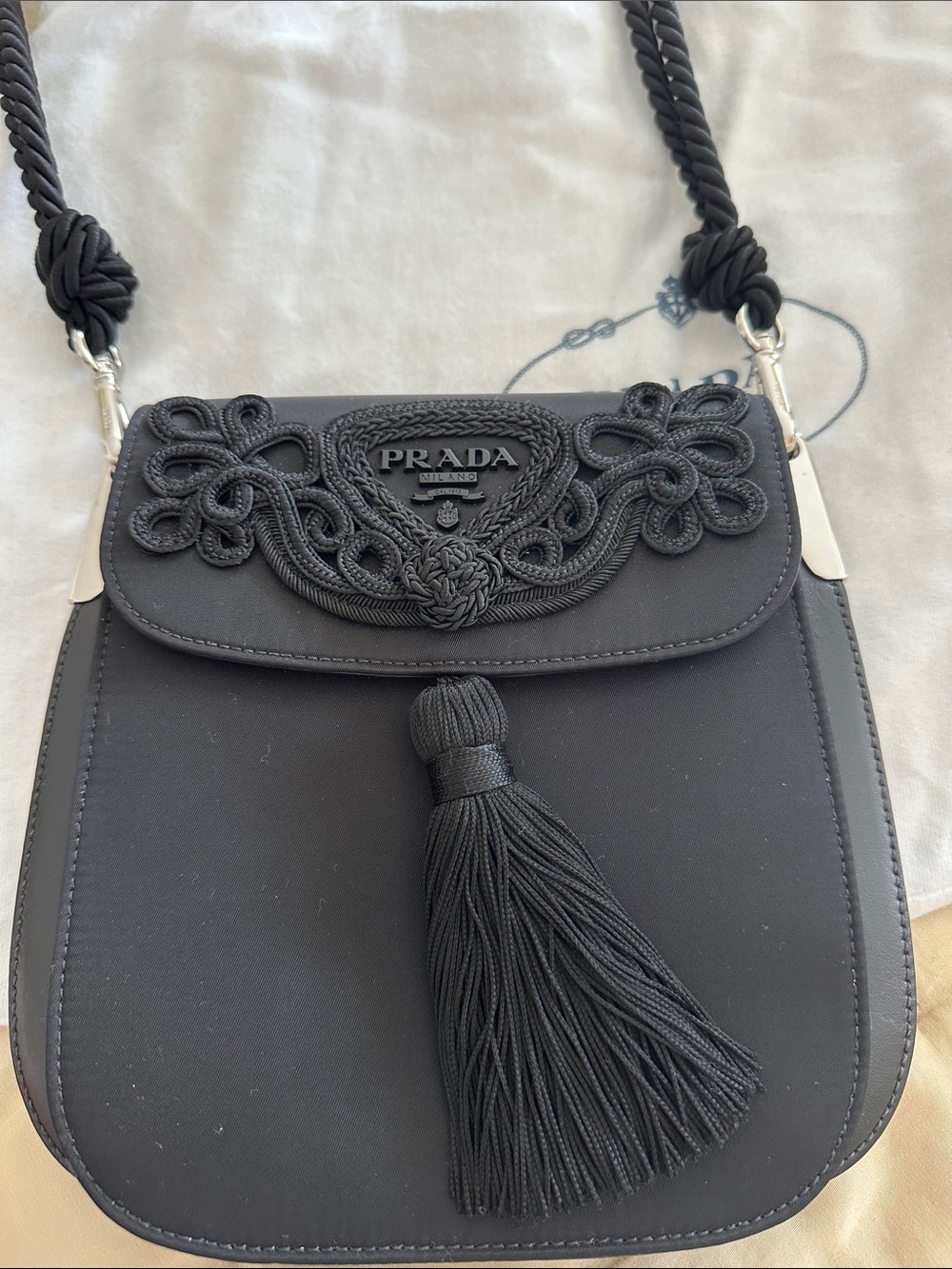Prada Black Embroidered Tassel Crossbody Bag